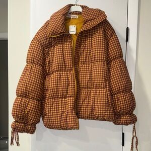 Free People Checkered Puffer Jacket - Brown and Yellow